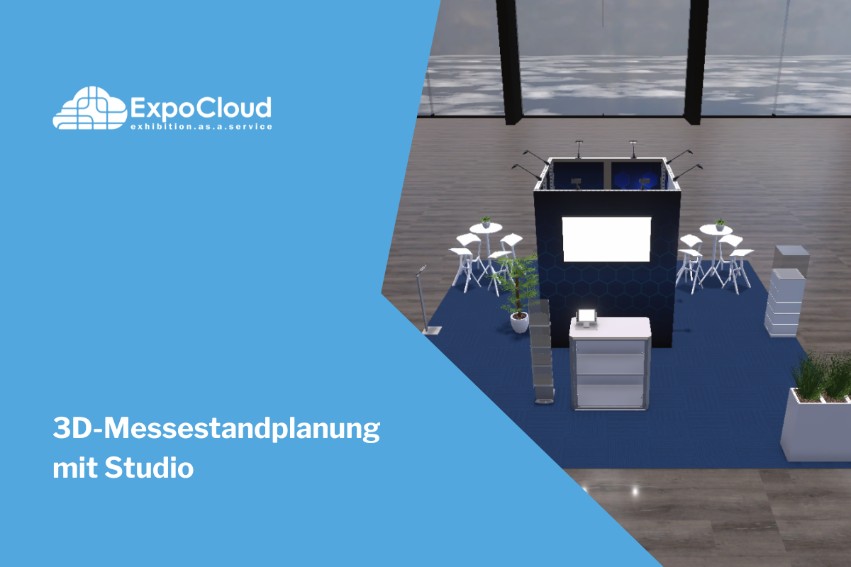 3D-Planung eines Messestands in einem Studio, das die Anordnung und Gestaltung der Ausstellungsfläche zeigt.